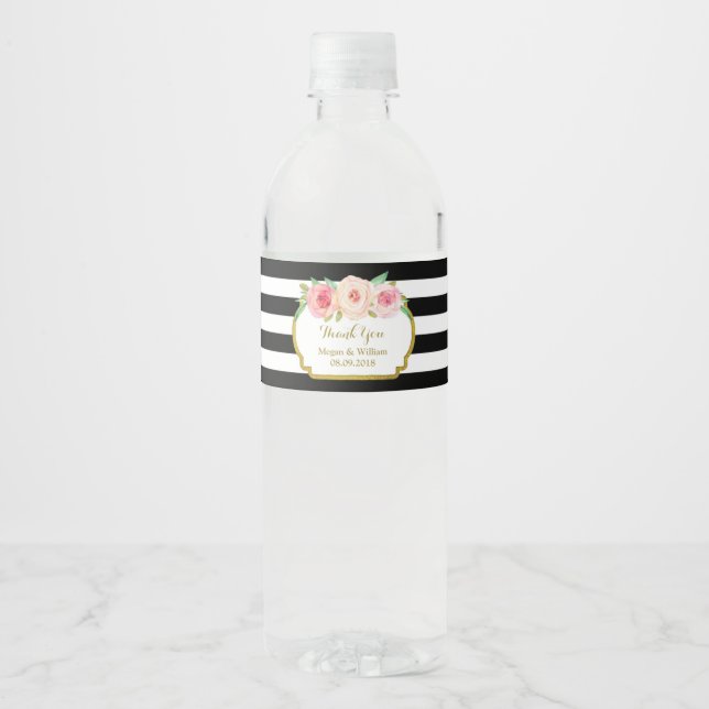 Black Stripes Pink Floral Gold Water Bottle Label (Front)