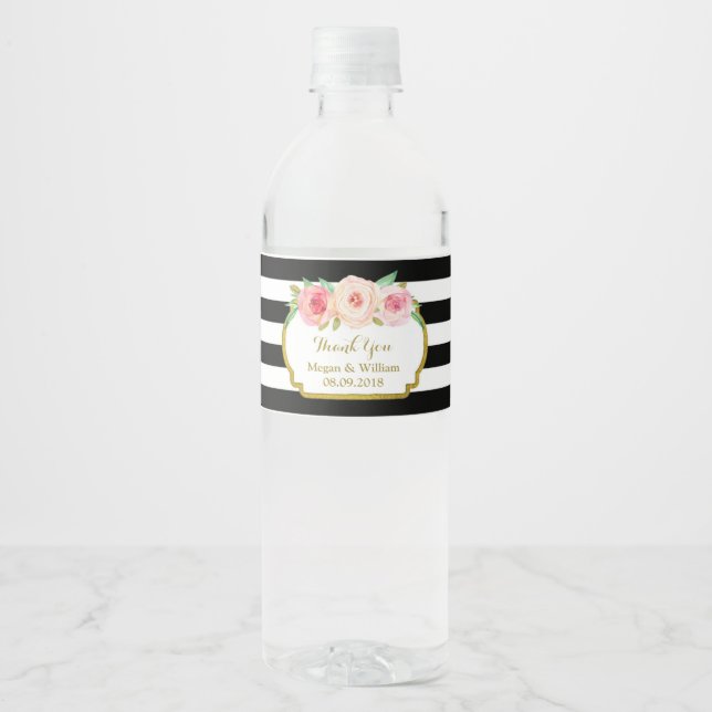Black Stripes Pink Floral Gold Water Bottle Label (Front)