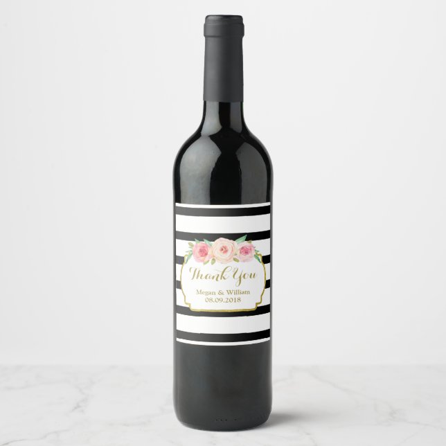Black Stripes Pink Floral Gold Wine Label (Front)