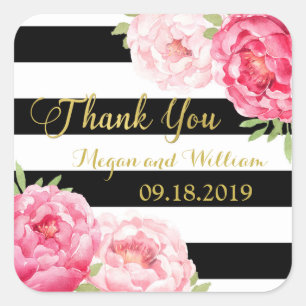 Black Stripes Pink Floral Wedding Favour Tags