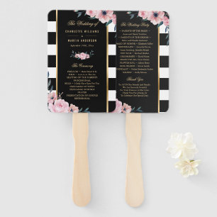 Black Stripes Pink Floral Wedding Program Hand Fan