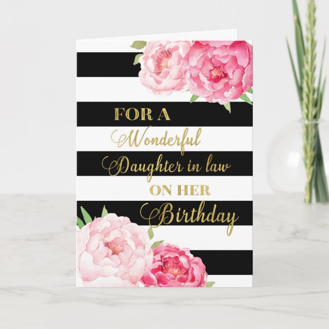 Black Stripes Pink Flower Daughter in Law Birthday Card (Front)