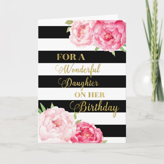 Black Stripes Pink Flowers Daughter Birthday Card (Front)