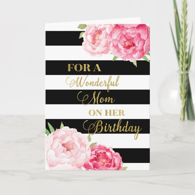 Black Stripes Pink Flowers Mum Birthday Card (Front)