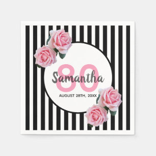 Black stripes pink flowers name 80th birthday napkin