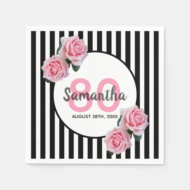 Black stripes pink flowers name 80th birthday napkin (Front)