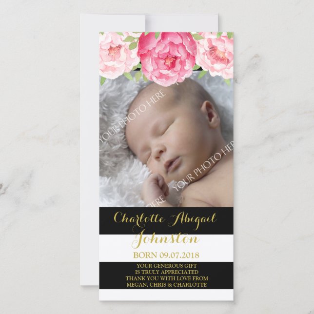 Black Stripes Pink Flowers Thank You Baby Shower Card (Front)