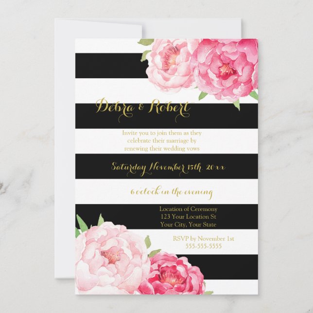 Black Stripes Pink Flowers Vow Renewal Invitation (Back)