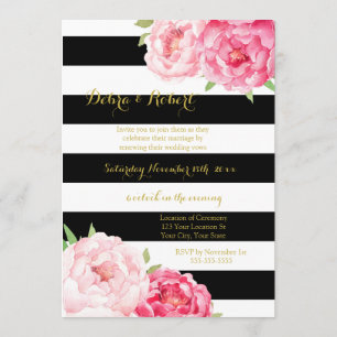 Black Stripes Pink Flowers Vow Renewal Invitation