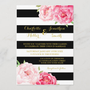Black Stripes Pink Flowers Wedding Invitations