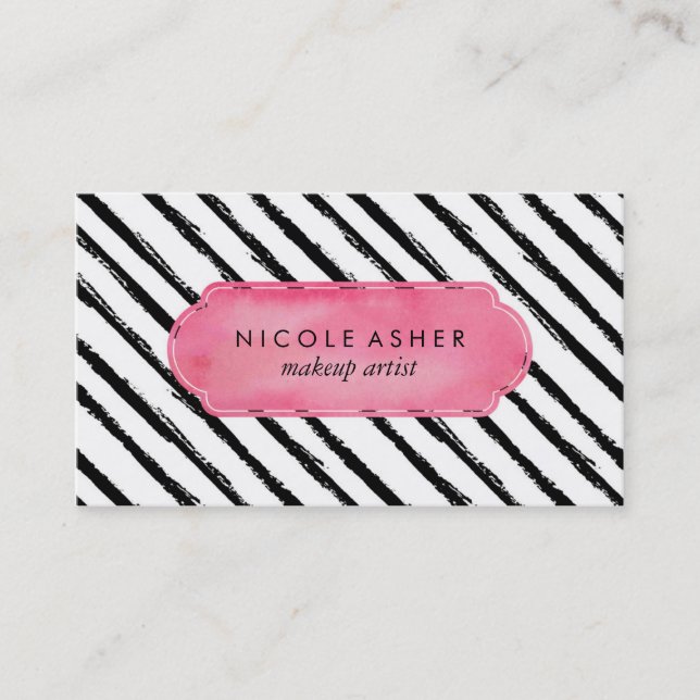 Black Stripes Pink Watercolor Business Card (Front)