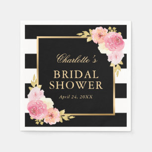 Black Stripes Pink Watercolor Floral Bridal Shower Napkin