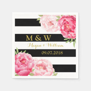 Black Stripes Pink Watercolor Wedding Monogram Napkin