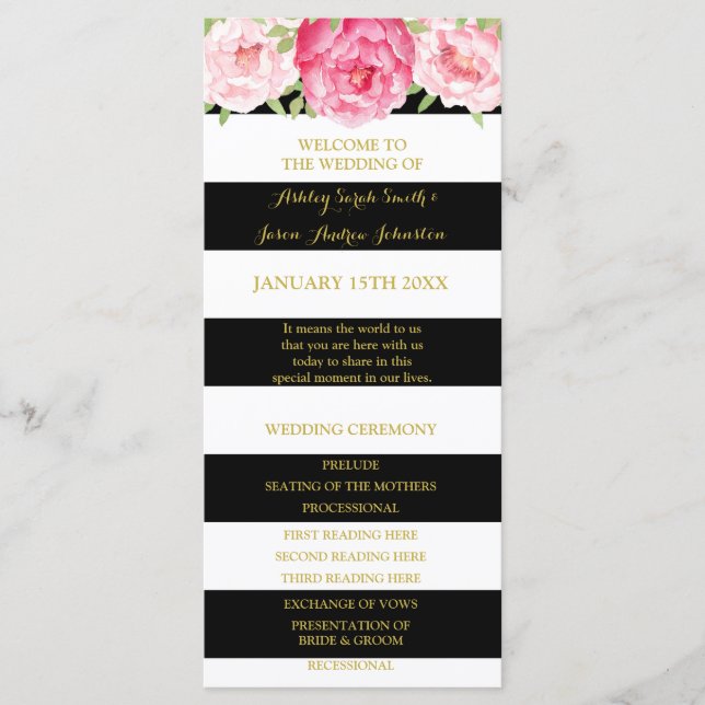 Black Stripes Pink Watercolor Wedding Program Programme (Front)