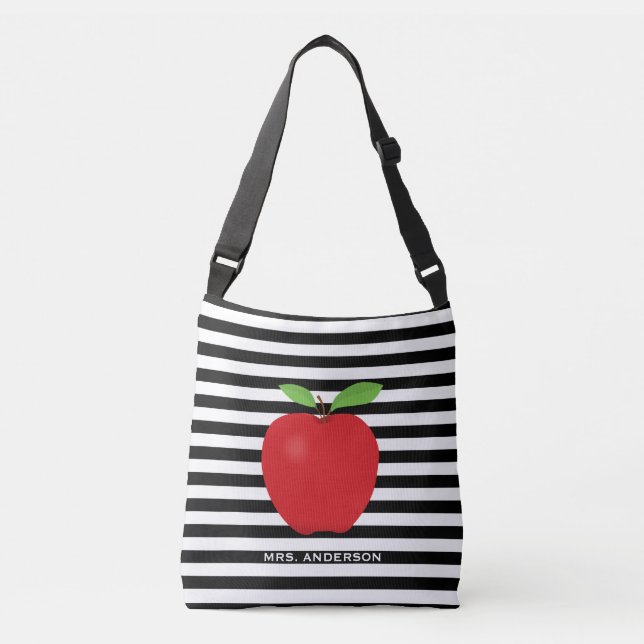Black Stripes, Red Apple Personalised Teacher Crossbody Bag (Front)