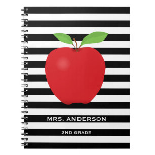 Black Stripes, Red Apple Personalised Teacher Notebook