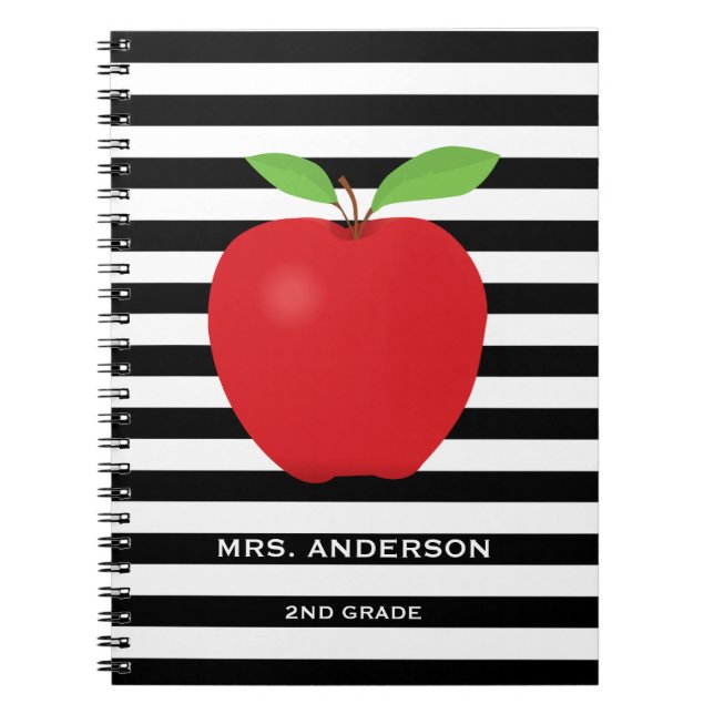 Black Stripes, Red Apple Personalised Teacher Notebook (Front)