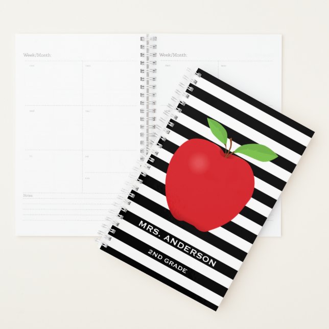 Black Stripes, Red Apple Personalised Teacher Planner (Display)