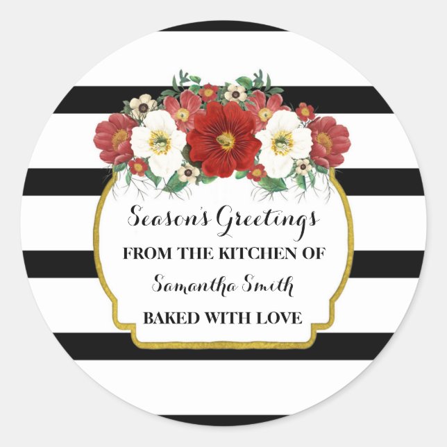 Black Stripes Red Flowers Christmas Baking Sticker (Front)