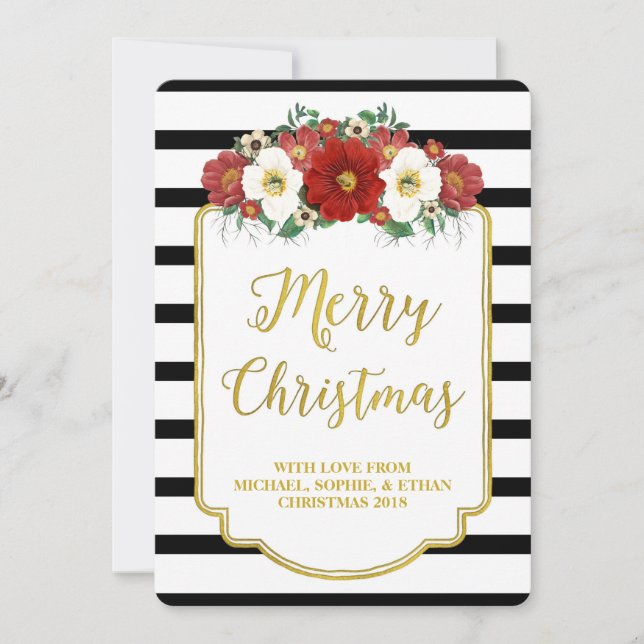 Black Stripes Red Flowers Merry Christmas Card (Front)