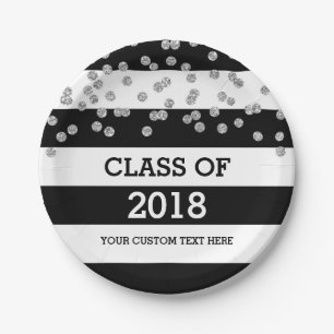 Black Stripes Silver Dots Class of 2018 Graduation Paper Plate