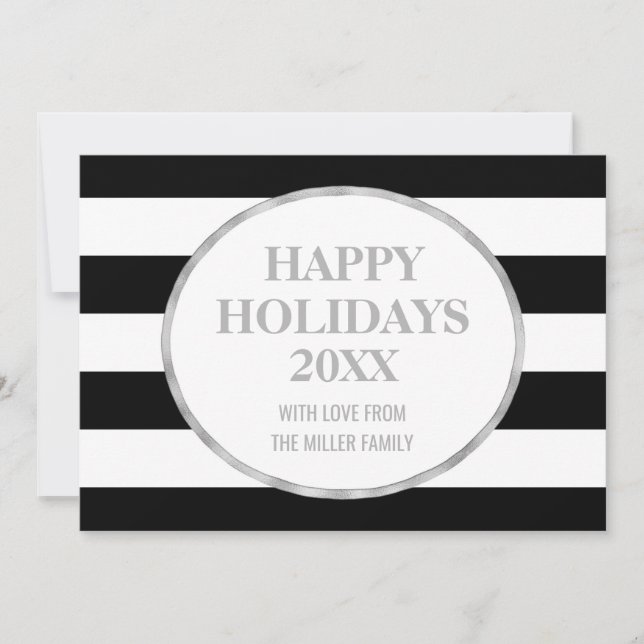 Black Stripes Silver Happy Holidays Photo Cards (Front)