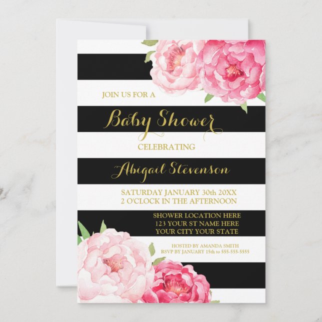 Black Stripes Watercolor Flowers Baby Shower Invitation (Back)
