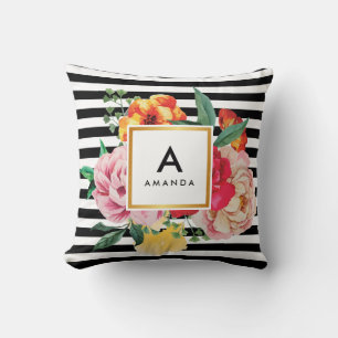 Black stripes Watercolor Peony Flowers Monogram Cushion