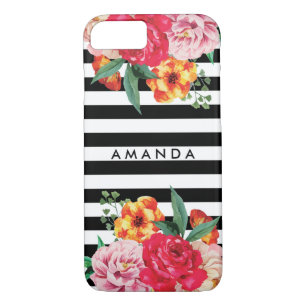 Black stripes Watercolor Peony Flowers YOUR NAME iPhone 8/7 Case