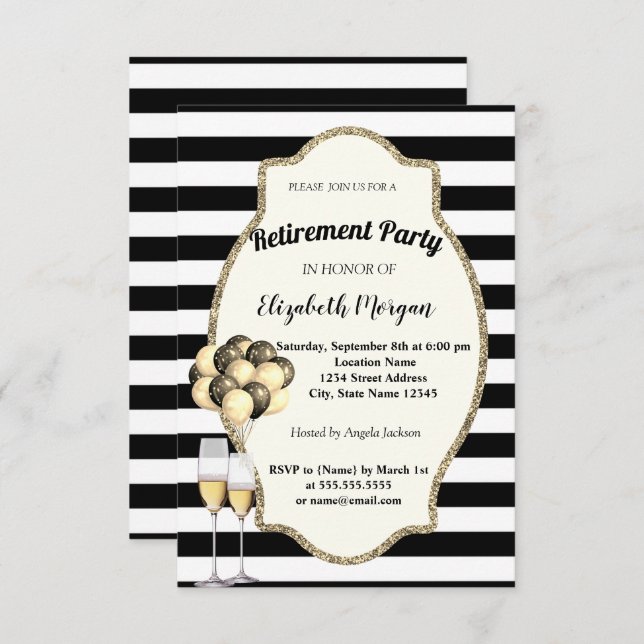 Black Stripes Wine Glas ,Ballons, Retirement Party Invitation (Front/Back)