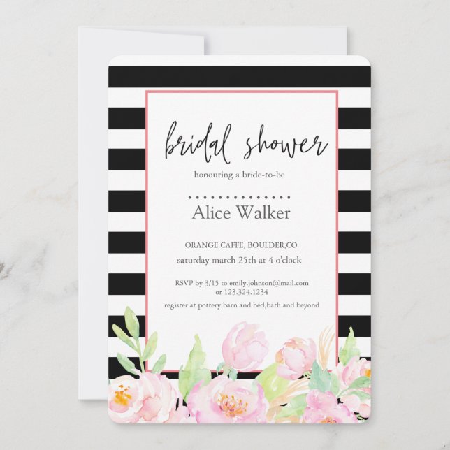Black stripes with peonies bridal shower card (Front)