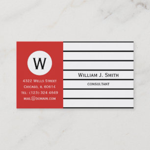 Black Strips On White And Tomato Red Monogrammed Business Card