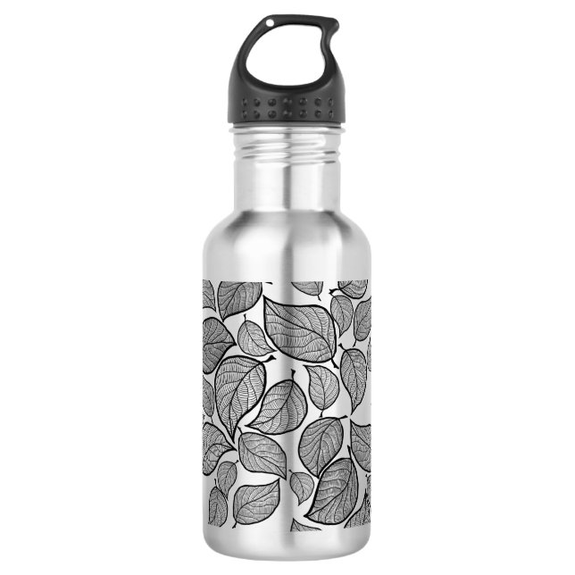 Black Stylised Hand-Drawn Leaves on Silver 532 Ml Water Bottle (Front)