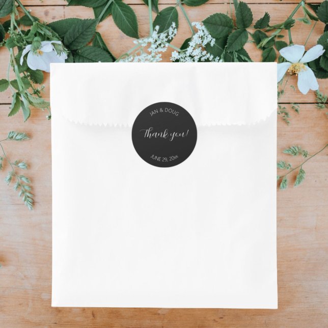 Black Stylised Wedding Thank You Classic Round Sticker (In Situ Wedding)