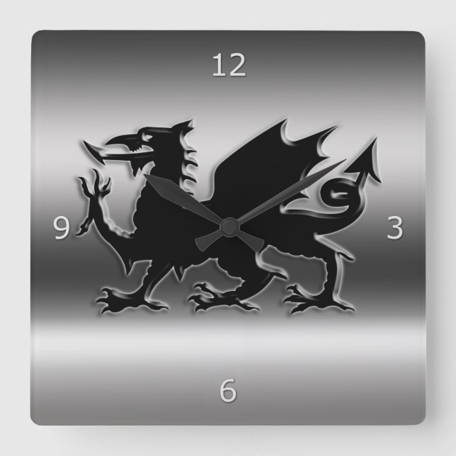Black stylised Welsh Dragon on metallic-look Square Wall Clock (Front)