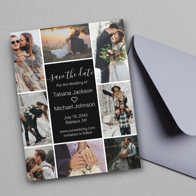 black stylish 8 photos collage save the date  announcement postcard (Creator Uploaded)