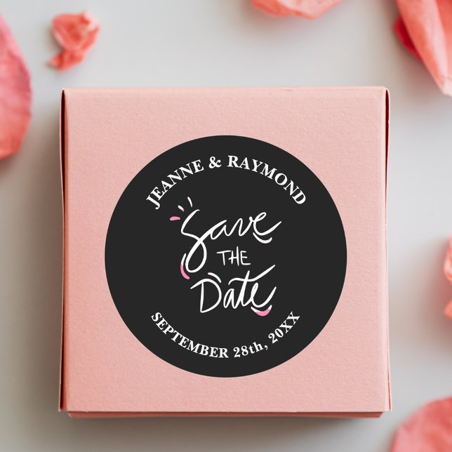 Black Stylish Calligraphy Wedding Save the Date Classic Round Sticker (Black calligraphy save the date sticker adds stylish elegance to memorable wedding announcements.)