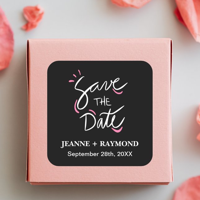 Black Stylish Calligraphy Wedding Save the Date Square Sticker (Black calligraphy save the date sticker adds elegant style to modern wedding mailings.)