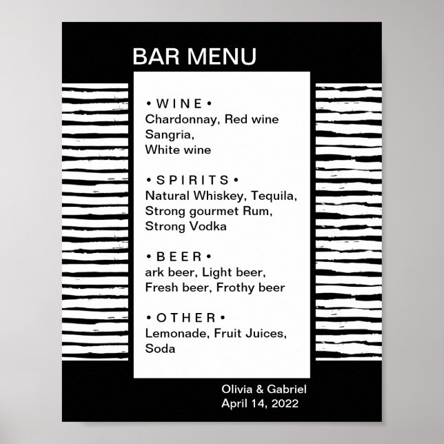 Black stylish fancy striped. Wedding bar Menu Poster (Front)