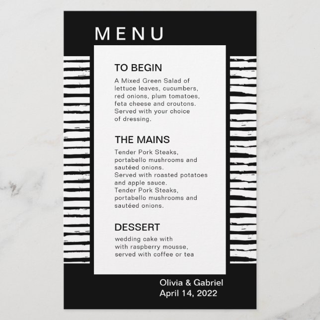 Black stylish fancy striped. Wedding Menu (Front)