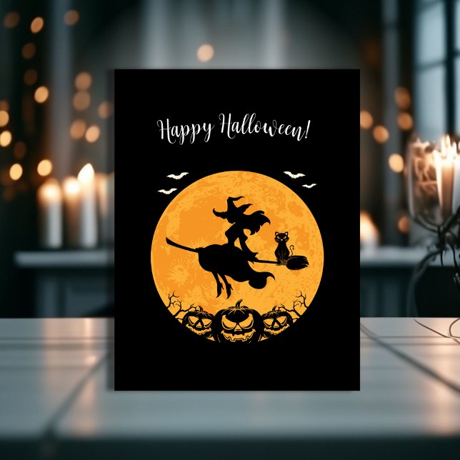 Black Stylish Halloween Witch & Pumpkin Print Postcard (Black Stylish Halloween Witch & Pumpkin Print Postcard!)