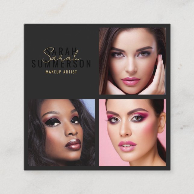 Black Stylish Makeup Artist Beauty Salon 3 Photo Square Business Card (Front)