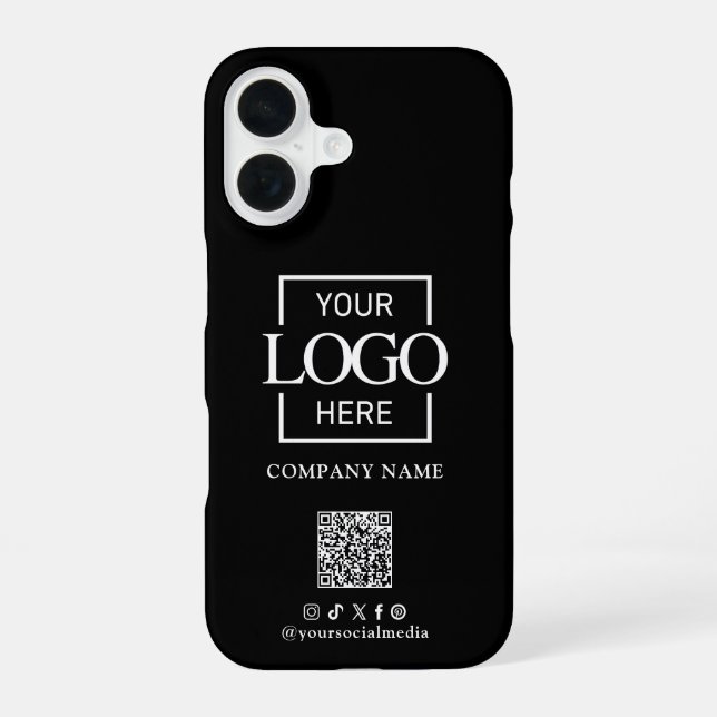 Black Stylish Minimalist Business Logo & QR Code iPhone 16 Case (Back)