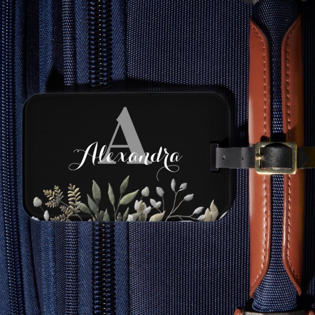 Black Stylish Monogrammed Botanical Luggage Tag (Front Insitu 4)
