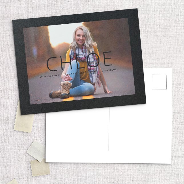 Black Stylish Photo Grad Announcement Postcard (Creator Uploaded)