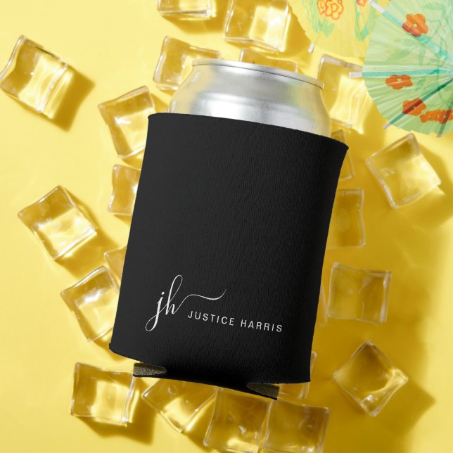 Black Stylish Script Monogram Modern Personalised Can Cooler (In Situ Summer)