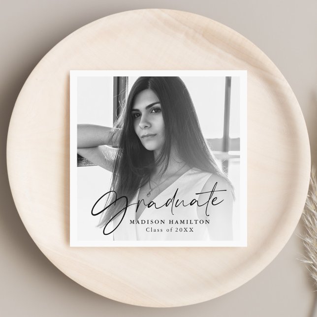 Black | Stylish Script Photo Graduation Napkin (Creator Uploaded)