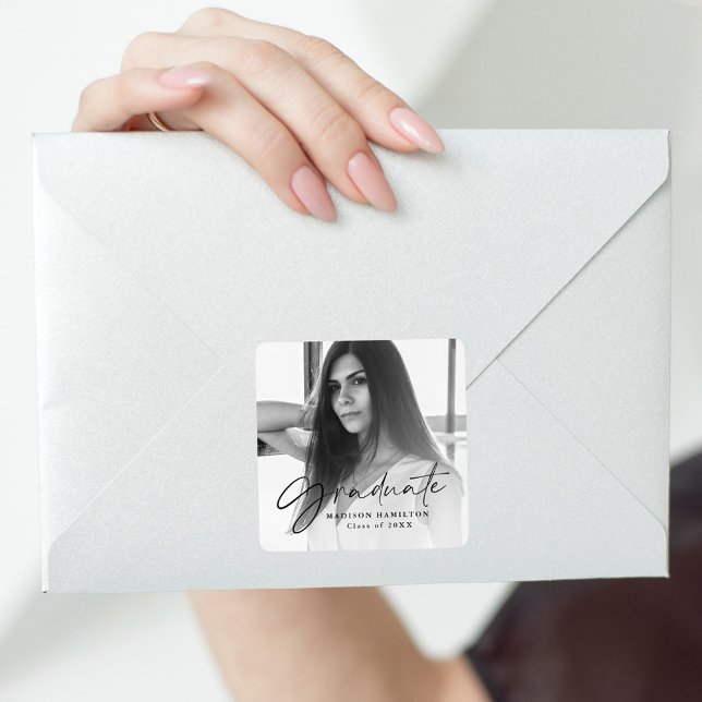 Black Stylish Script Photo Graduation Square Sticker (Creator Uploaded)