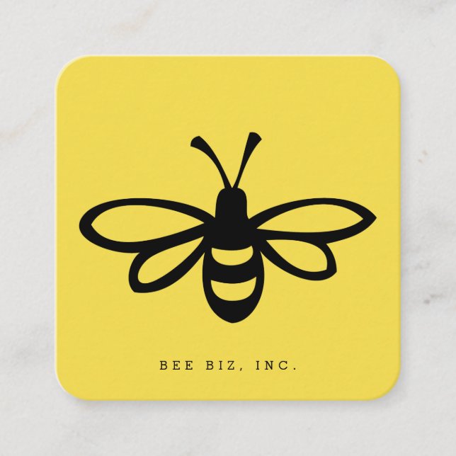 Black Stylized Bee Illustration on Yellow Square Business Card (Front)