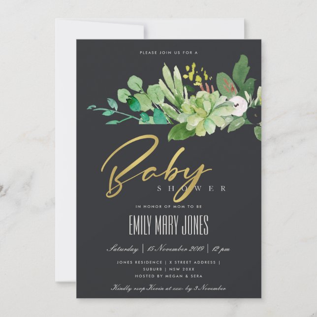 BLACK SUCCULENT FOLIAGE WATERCOLOR BABY SHOWER INVITATION (Front)